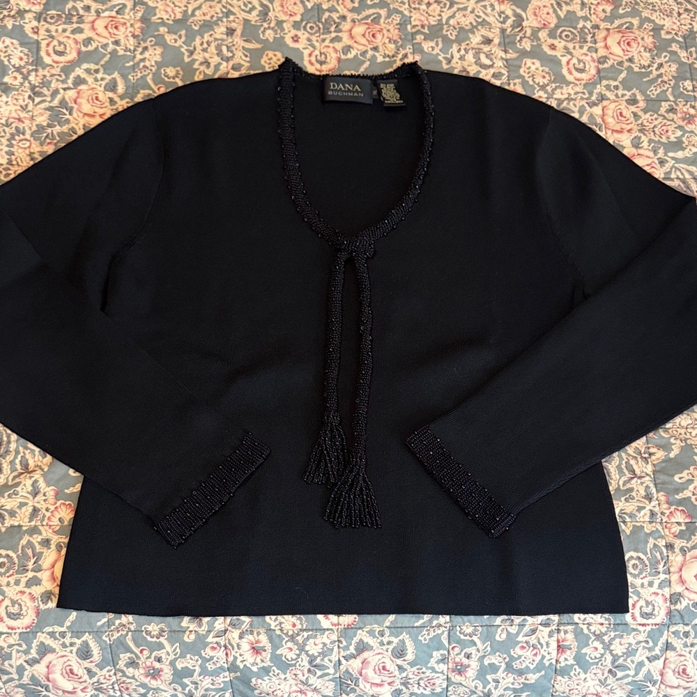 Dana Buchman Black V-Neck Sweater w/Glass Beaded Trim/XL
